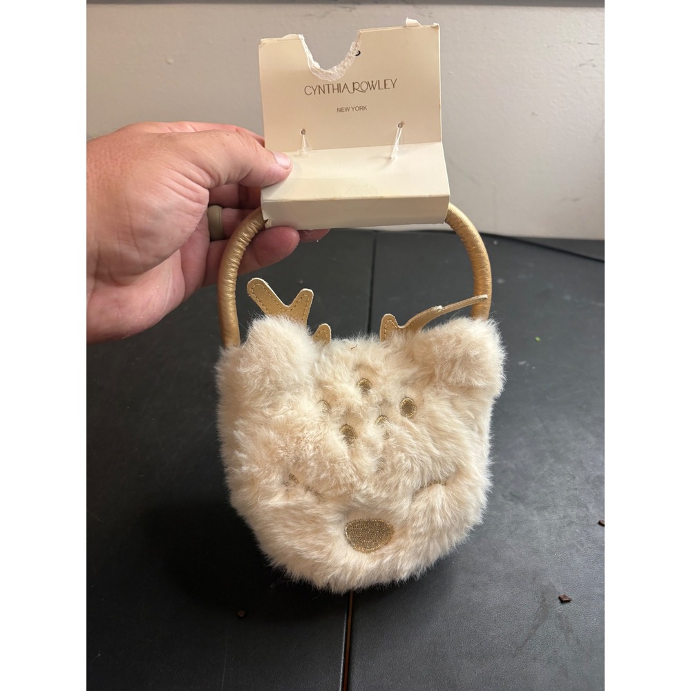 Cynthia Rowley Reindeer Faux Fur Handbag Gold Antlers Cream Holiday Mini Bag NWT
